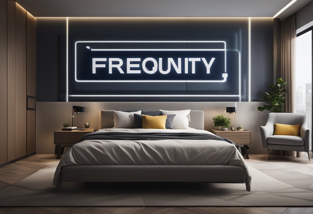 A bedroom with a large, bold "Frequently Asked Questions" text design on the back wall