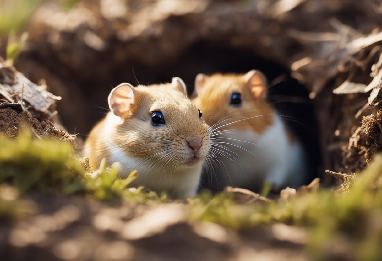 Gerbils dart into a cozy burrow, their soft fur blending with the earthy tones of their hiding place