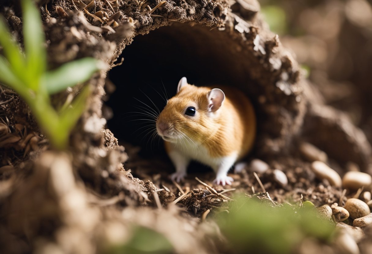 Gerbils scurry and burrow in their habitat, creating intricate tunnels and hiding spots among the bedding and toys