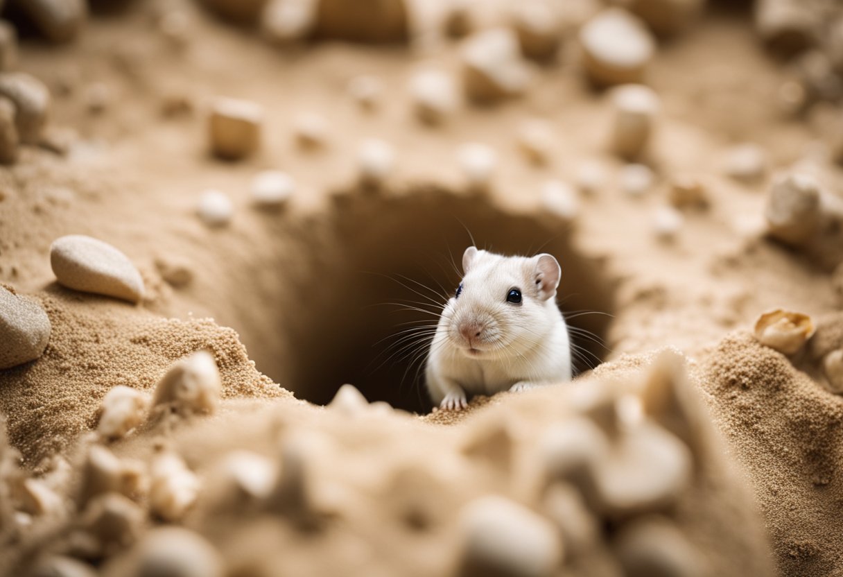 Gerbils hide in a maze of tunnels, peeking out cautiously. Sand and bedding scatter around their burrow entrance