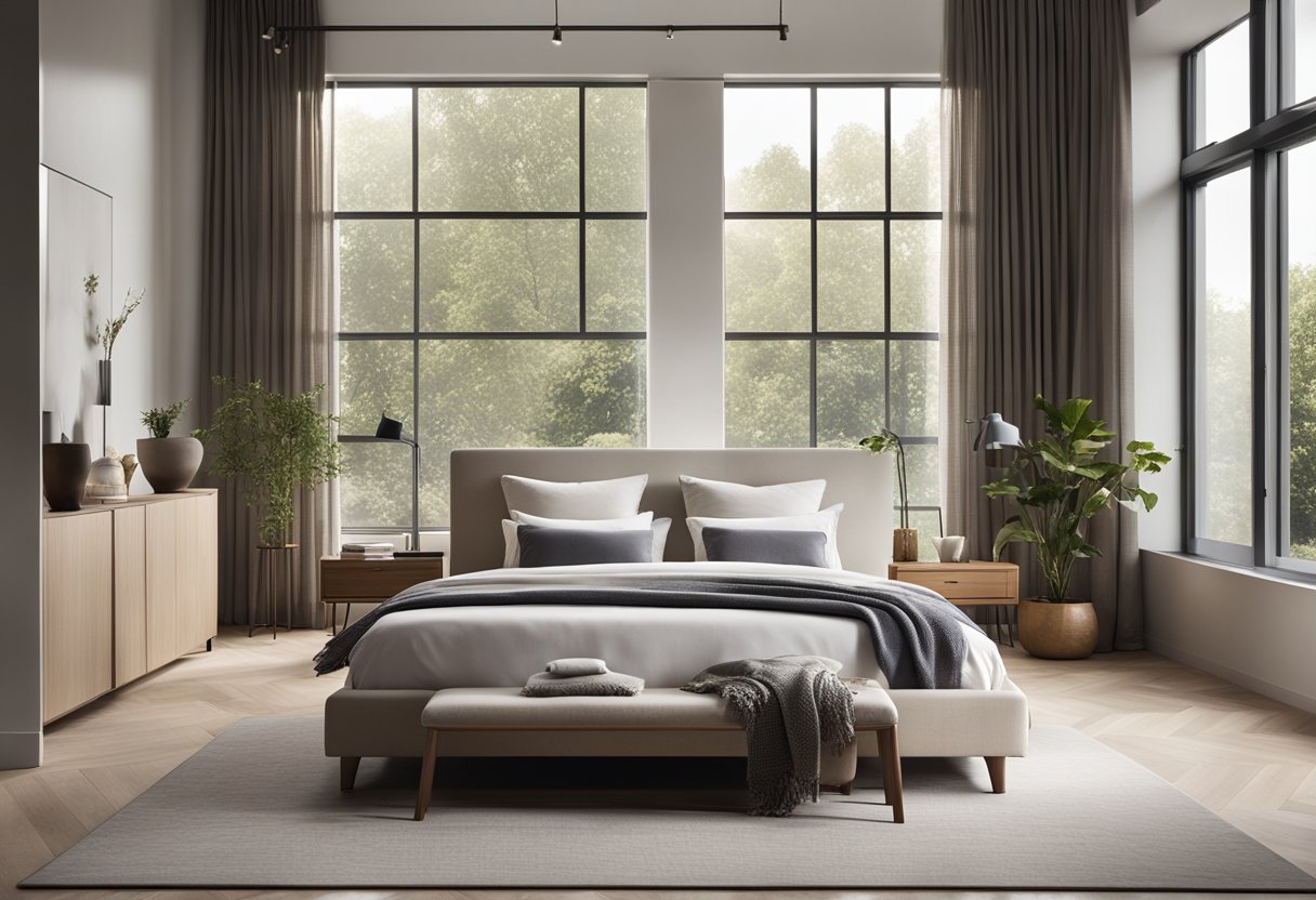 A spacious bedroom with a large, comfortable bed, soft, neutral-colored bedding, and a mix of modern and traditional furniture. A large window lets in natural light, and the room is decorated with simple, elegant accents