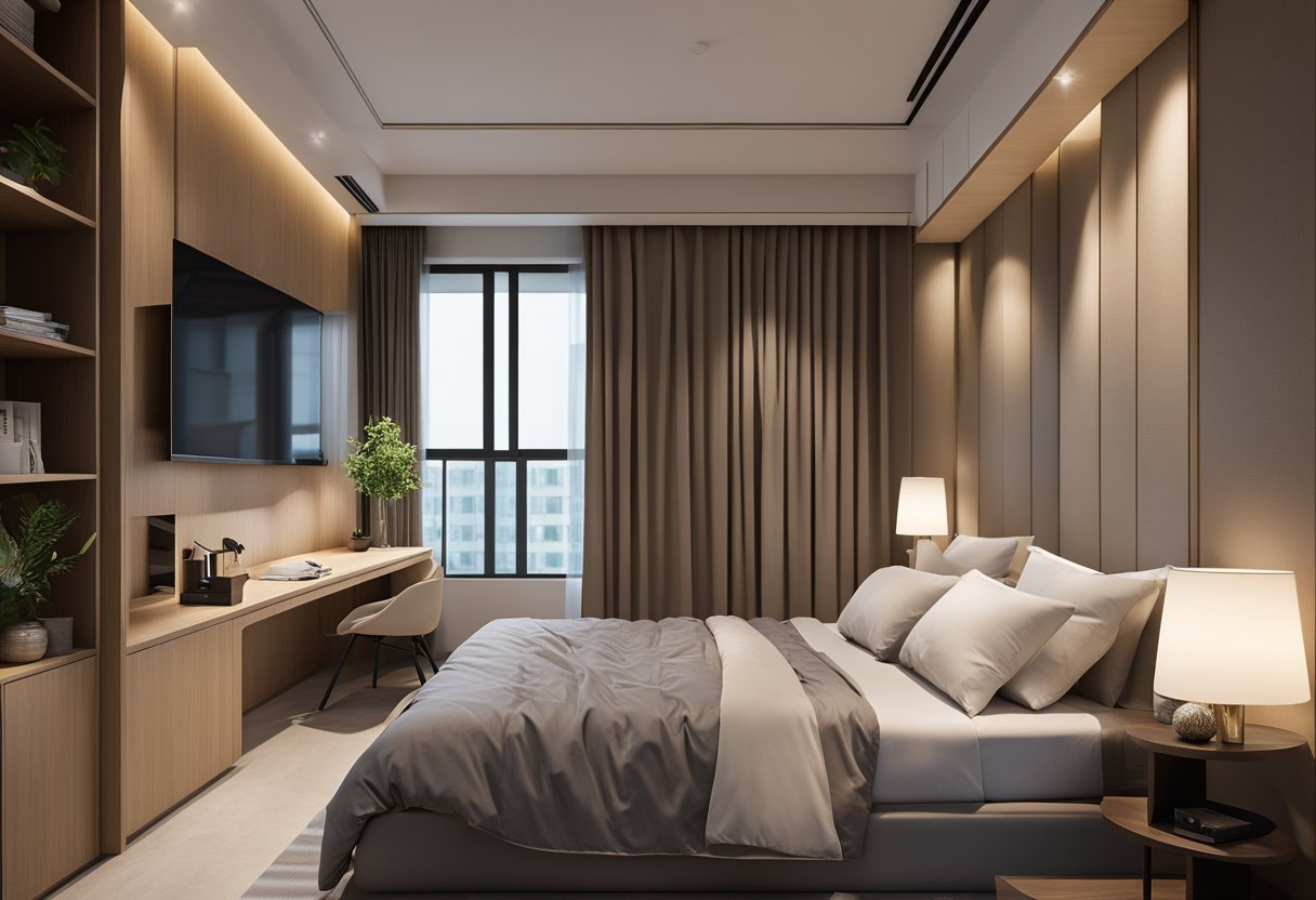 A spacious HDB master bedroom with a modern design, featuring a king-sized bed, built-in wardrobe, and a cozy reading nook by the window