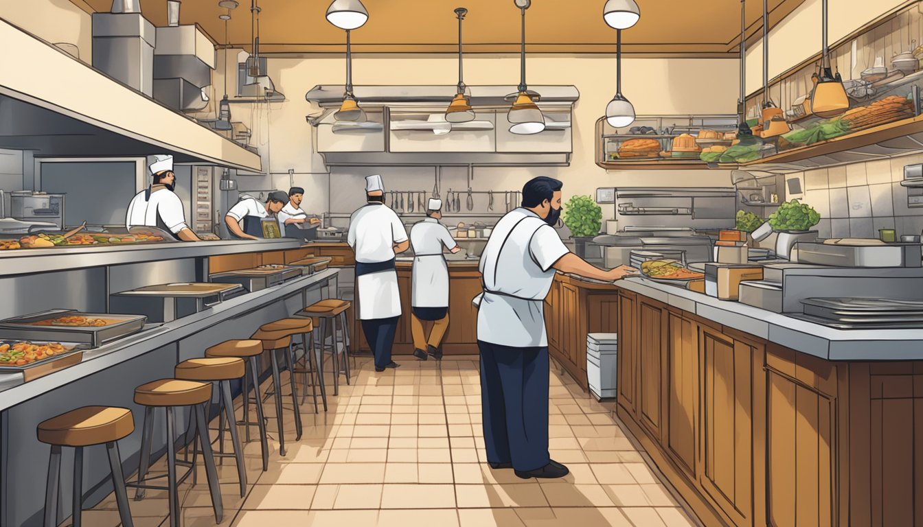 A bustling restaurant with a chef in the kitchen, servers attending to tables, and a busy cashier area. A sign on the wall advertises "Restaurant Business Loans."