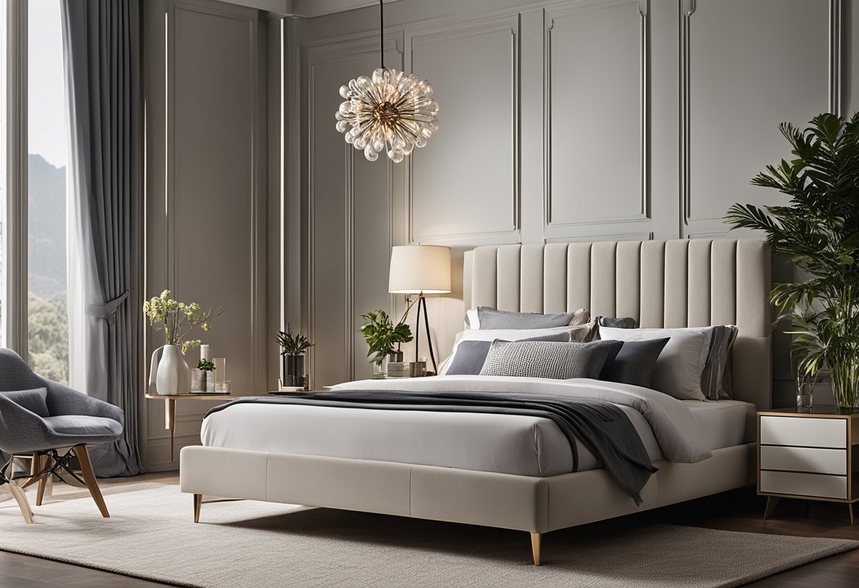 A spacious master bedroom with modern furnishings and accessories, including a king-sized bed, bedside tables, a cozy armchair, and a stylish dresser