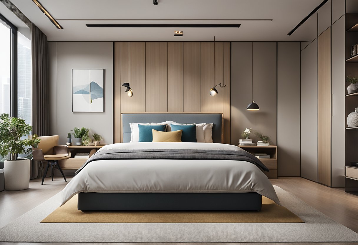 A spacious master bedroom with modern HDB design, featuring a cozy bed, sleek furniture, and ample storage. A large window lets in natural light, and the room is decorated in a neutral color palette with pops of vibrant accents