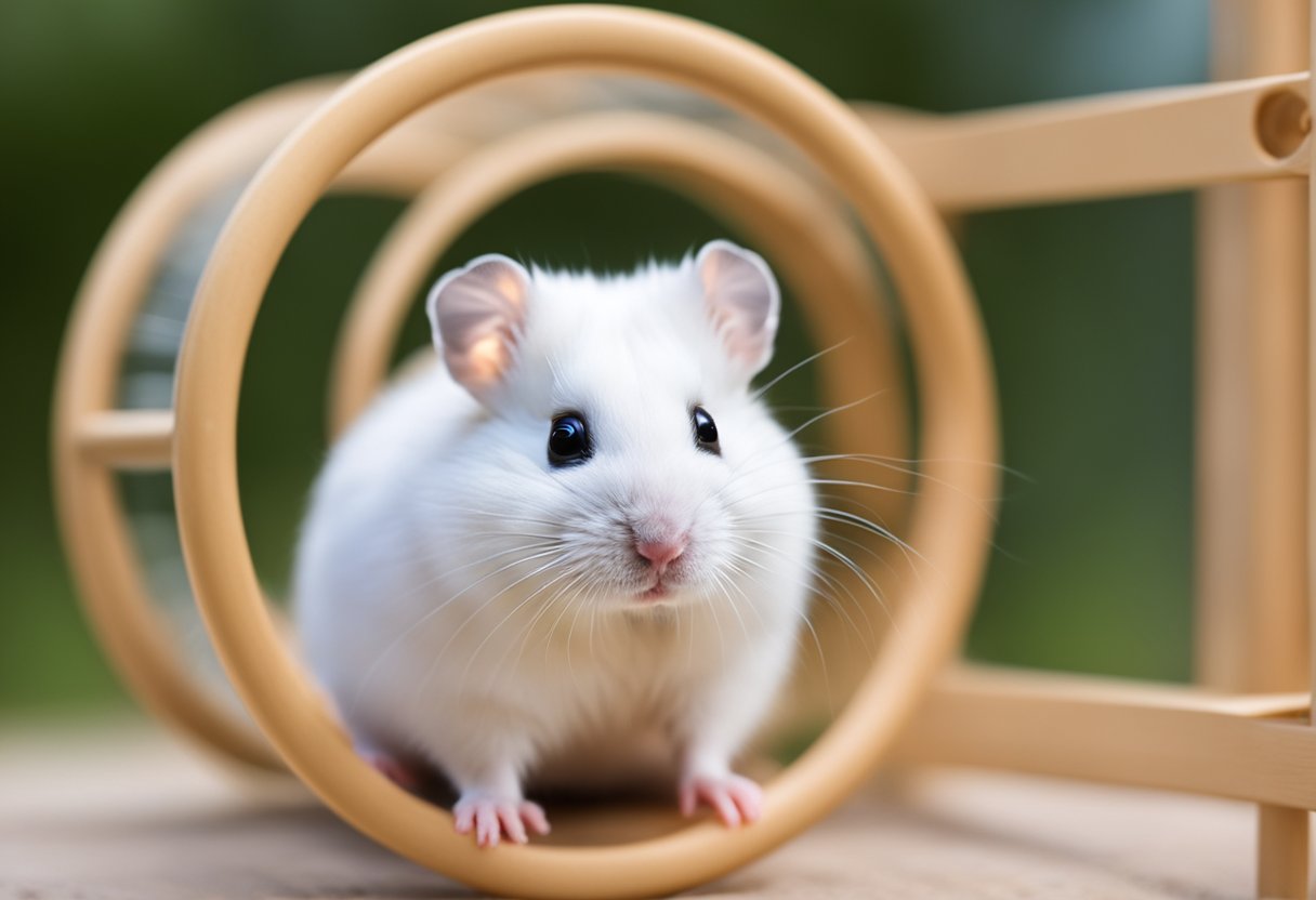 A white hamster sits in a spotless, spacious cage with fresh bedding and a shiny exercise wheel