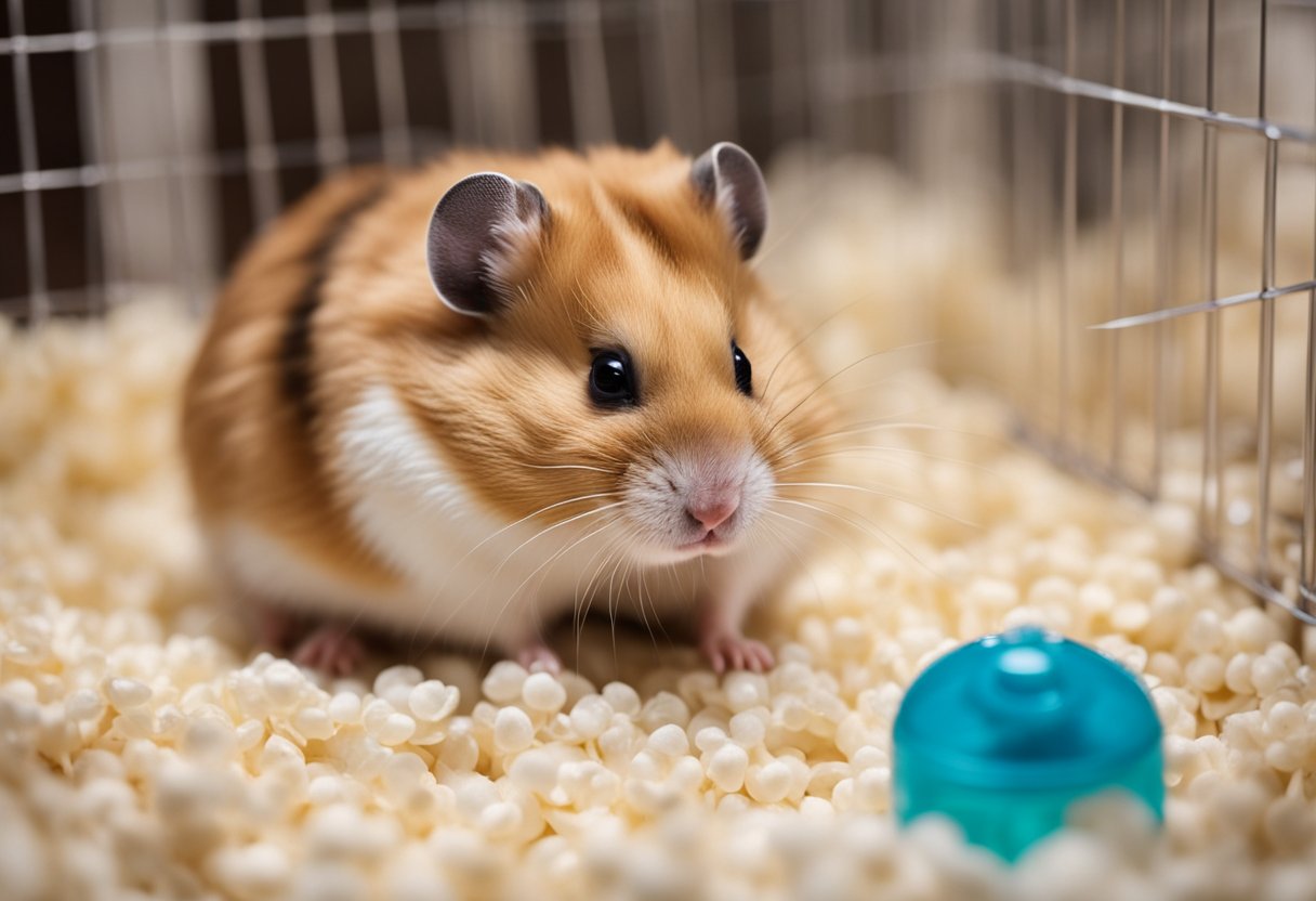 A hamster sits in a spotless cage, surrounded by fresh bedding and a clean water bottle. The food dish is free of debris, and the hamster's fur is groomed and shiny
