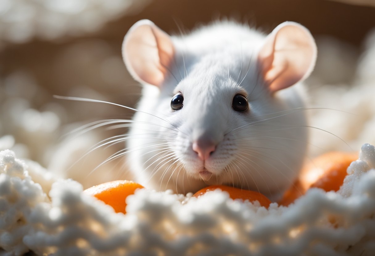 A white mouse sits in a spotless cage, surrounded by fresh bedding and clean water. The rodent nibbles on a carrot, its fur gleaming in the soft light