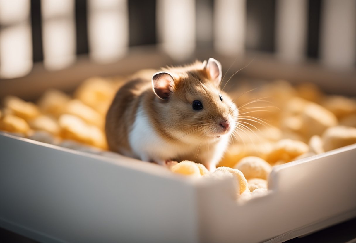 A hamster stands in a spotless, spacious cage with fresh bedding and a clean wheel. Its fur is sleek and shiny, and it looks content