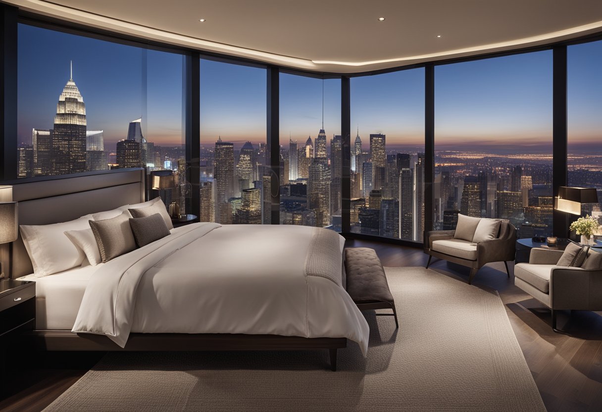 A spacious master bedroom with a luxurious king-size bed, elegant furniture, and a stunning view of the city skyline through large windows