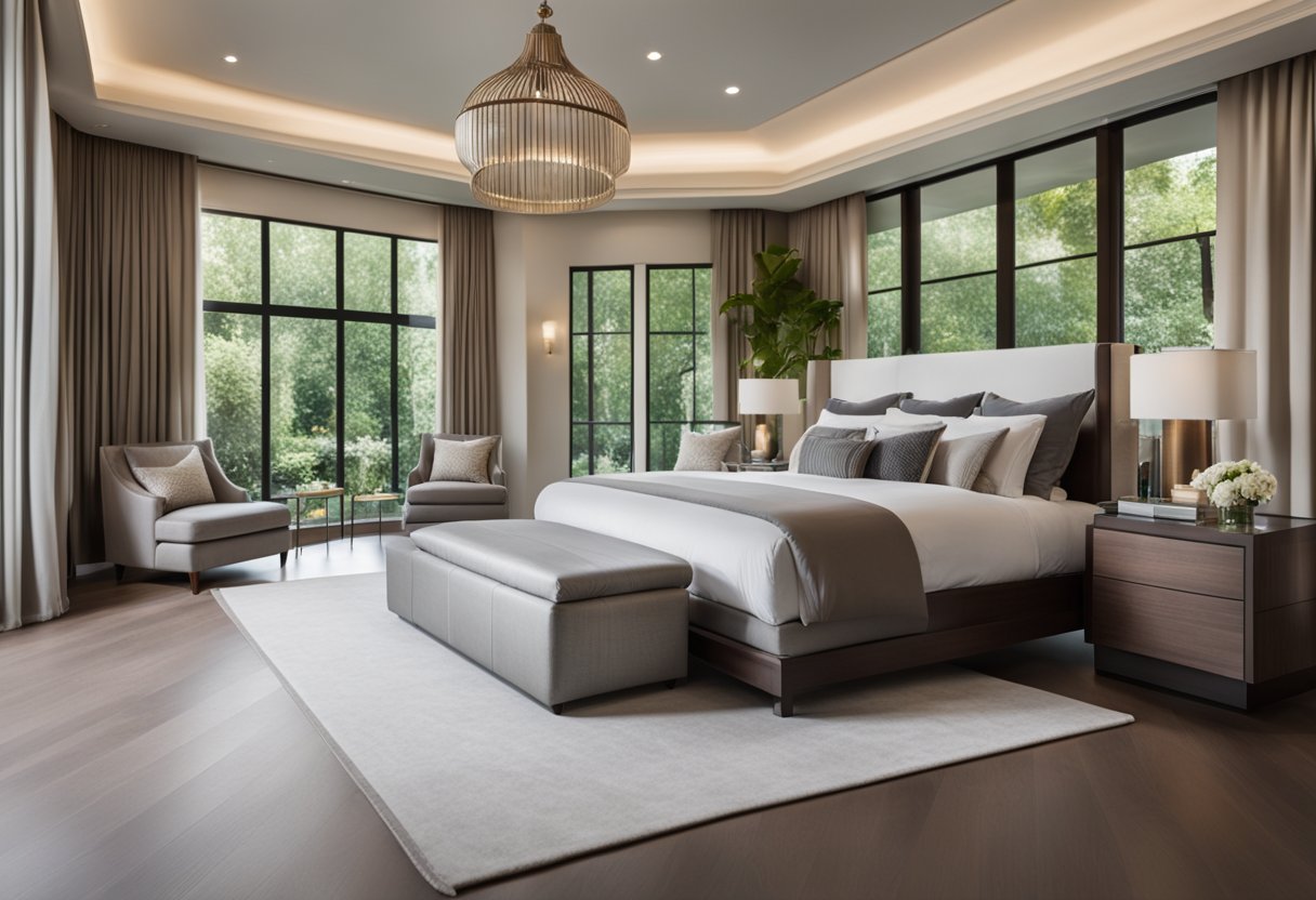 A spacious master bedroom with a luxurious king-size bed, elegant bedside tables, a cozy seating area, and large windows overlooking a serene garden