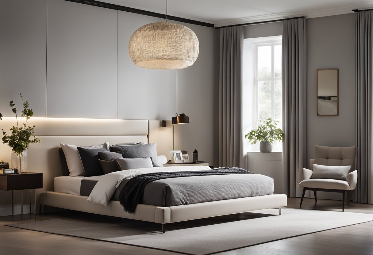 A modern, minimalist bedroom with a sleek bed, clean lines, and a neutral color palette. The room is accented with stylish lighting fixtures and tasteful accessories, creating a sophisticated and inviting atmosphere