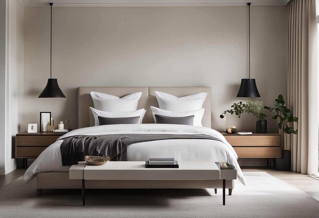 A modern bedroom with clean lines, a neutral color palette, and minimalistic furniture. A large bed with crisp white linens is the focal point, surrounded by sleek nightstands and a simple, uncluttered decor
