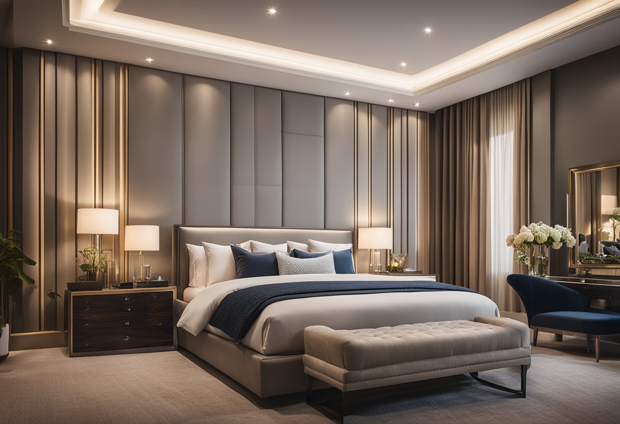 The master bedroom features a plush, king-sized bed with elegant bedding, soft lighting, and luxurious furnishings creating a serene and inviting atmosphere