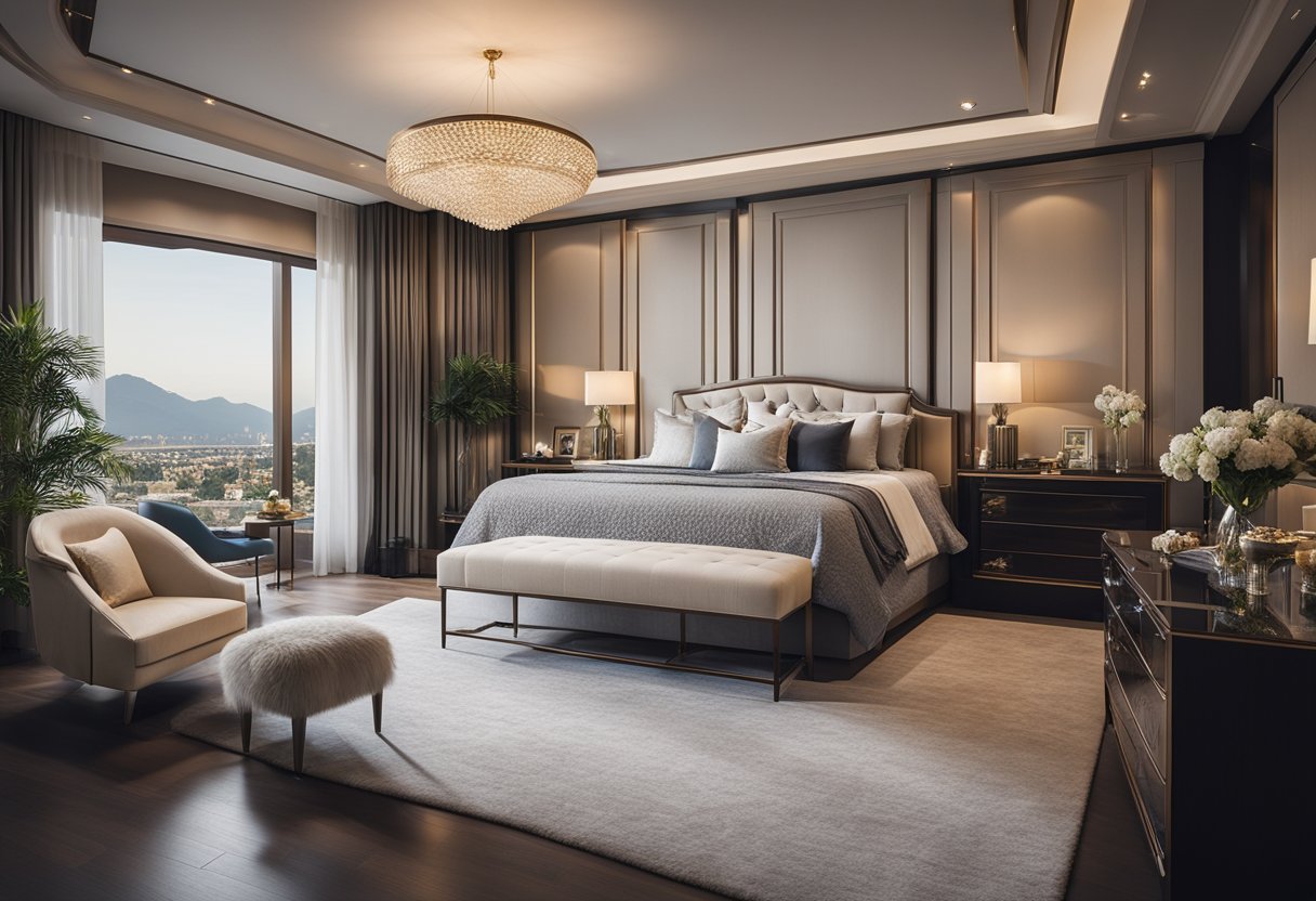 A luxurious master bedroom with elegant furniture, soft lighting, and a cozy sitting area, adorned with tasteful decor and a stunning view