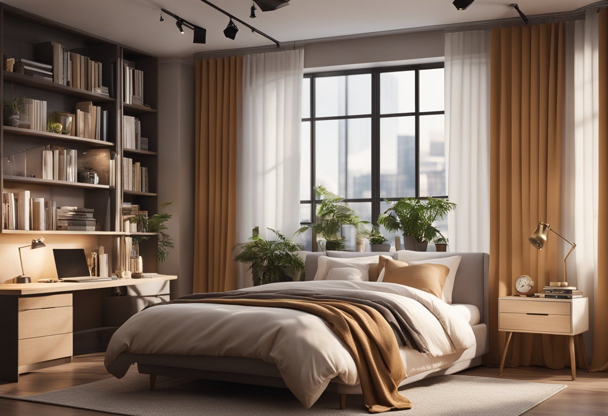 A cozy bedroom with a large, plush bed, soft lighting, and a warm color scheme. A bookshelf, a desk, and a window with billowing curtains complete the scene