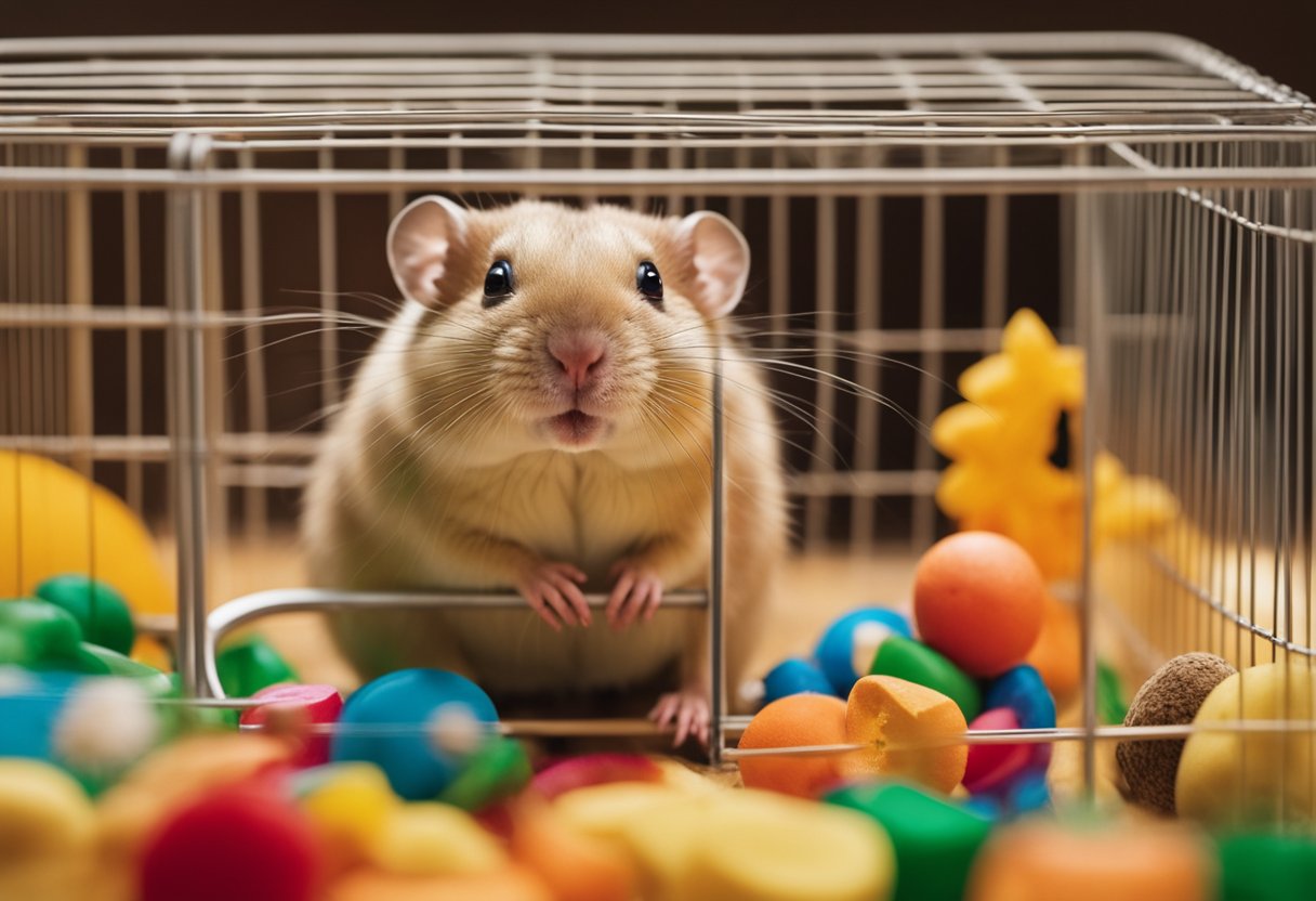 A gerbil and a hamster sit side by side, each in their own colorful cage, surrounded by toys and bedding. The gerbil nibbles on a piece of fruit while the hamster runs on its wheel