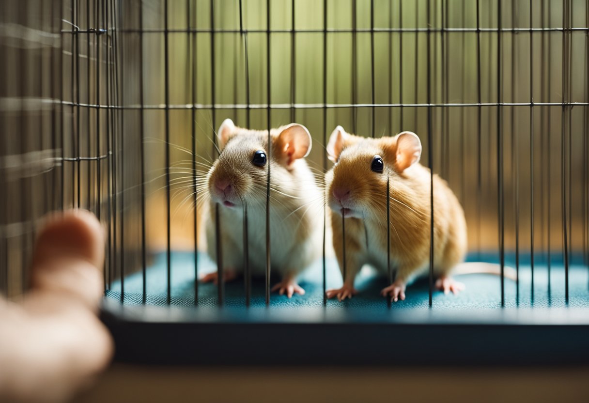 A gerbil and a hamster sit side by side, each in their own cage. A hand hovers above, pointing at them, as if trying to decide which one to choose