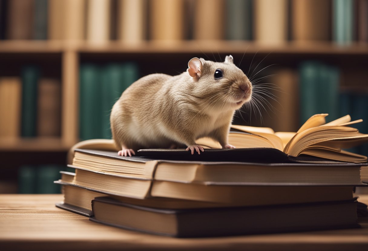 A gerbil and a hamster stand on a table, surrounded by books and articles comparing their qualities. The gerbil looks confident, while the hamster appears curious