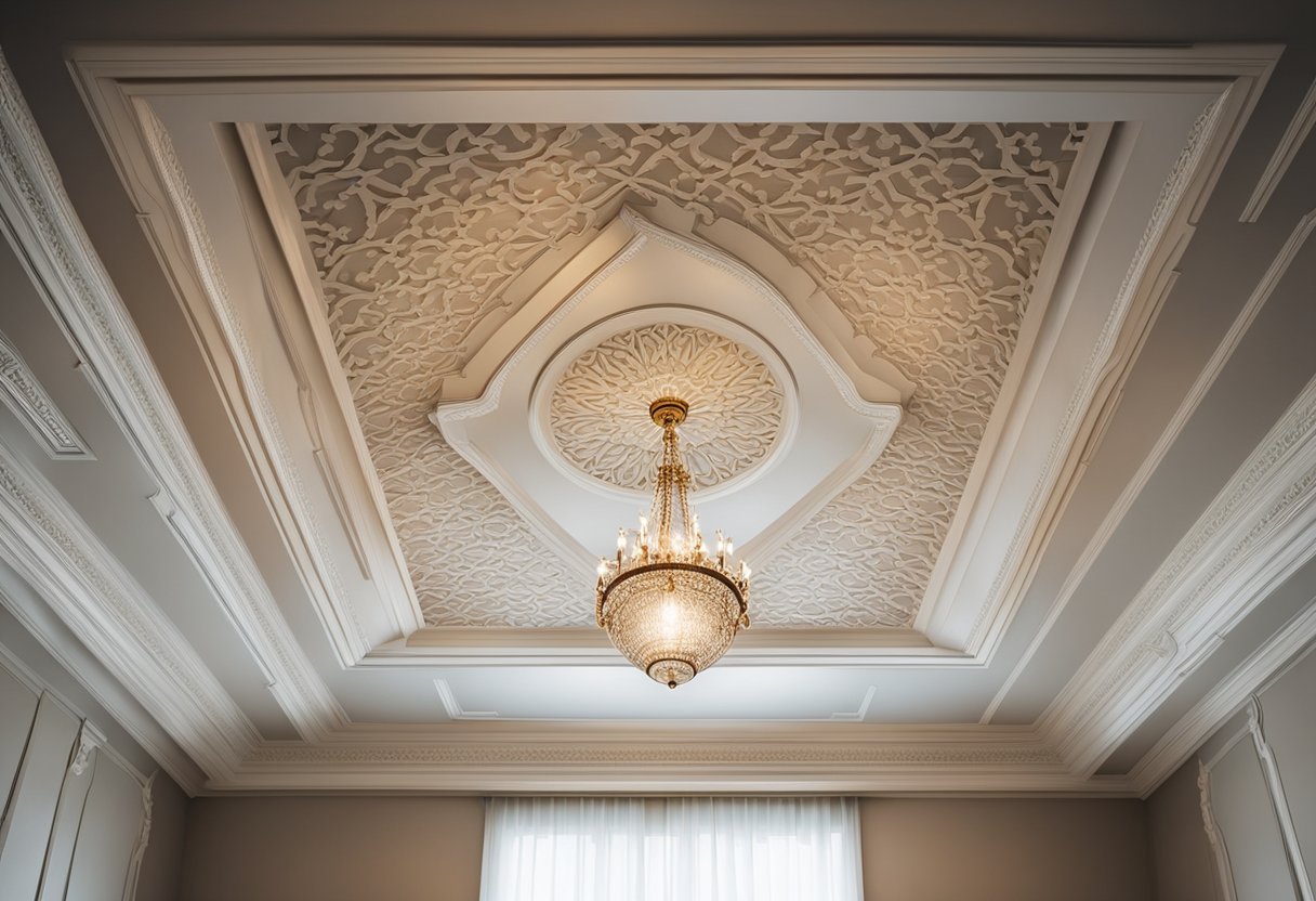 A bedroom with a plaster ceiling design featuring intricate patterns and textures, created using traditional installation techniques