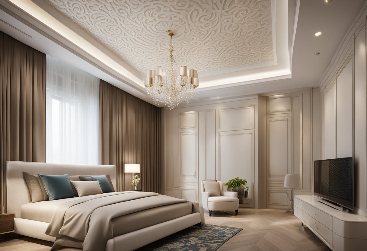 A bedroom with a plaster ceiling design featuring "Frequently Asked Questions" in elegant script, surrounded by decorative motifs and patterns