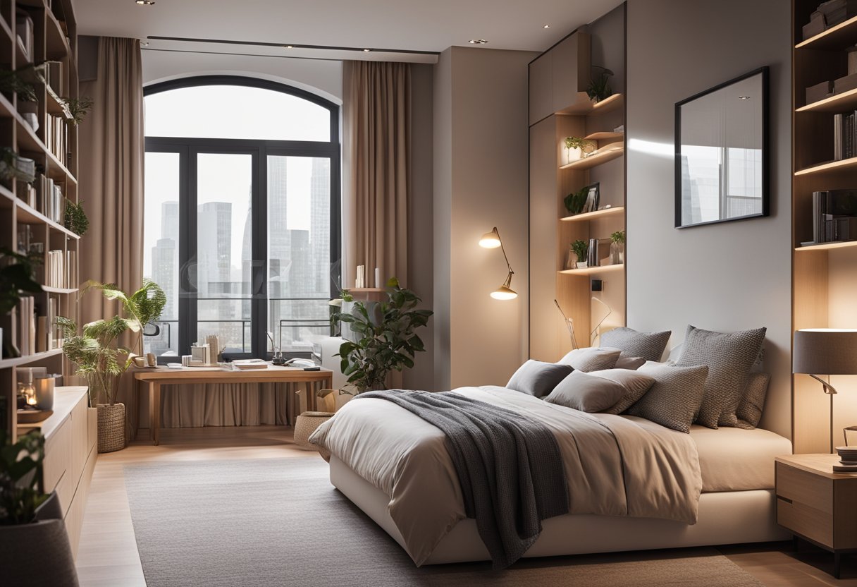 A cozy bedroom with a modern design, featuring a comfortable bed, a stylish desk, and a large bookshelf. Soft lighting and neutral colors create a warm and inviting atmosphere