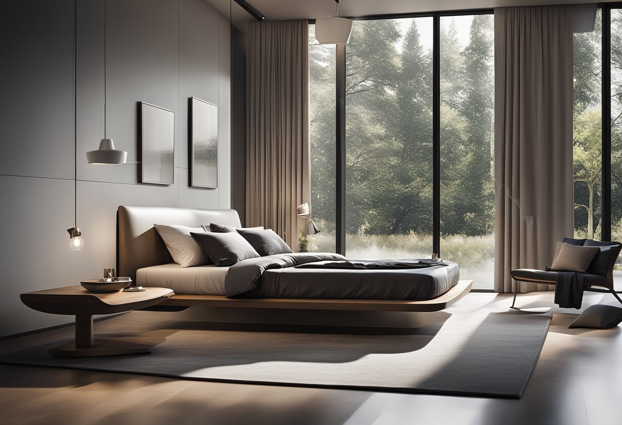 A sleek, minimalist bedroom with a large platform bed, floor-to-ceiling windows, and a floating nightstand with a modern lamp