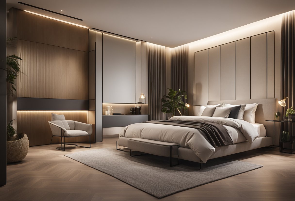 A sleek, minimalist bedroom with clean lines, neutral colors, and geometric shapes. A large, comfortable bed sits against a wall with a stylish headboard. A modern chandelier hangs from the ceiling, casting a warm glow over the room