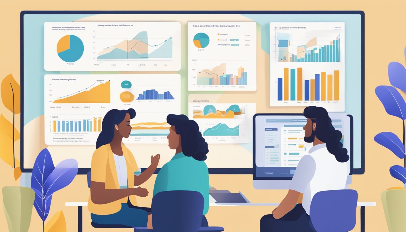 A diverse group of small business owners eagerly discussing loan options with a financial advisor. Various charts and graphs are displayed on a large screen, highlighting eligibility criteria and application insights for different types of small business loans