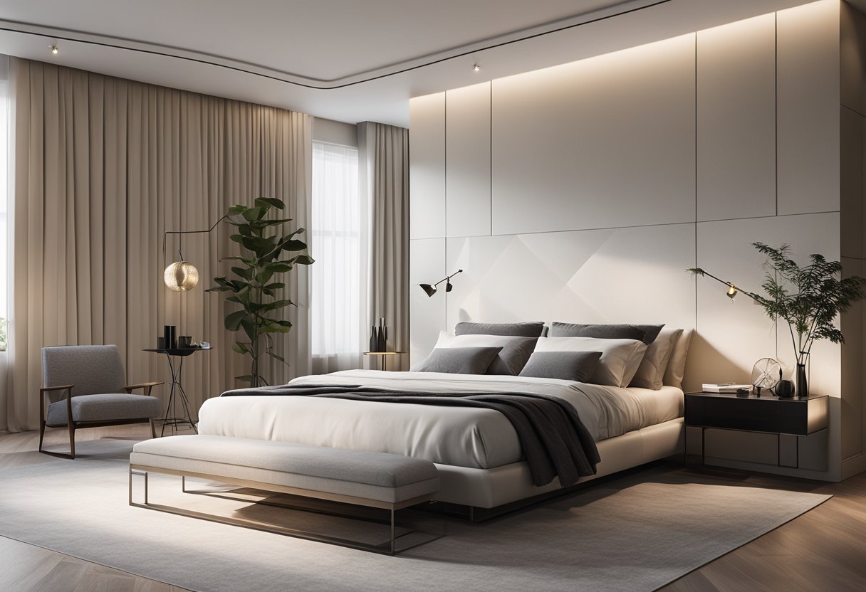 A sleek, minimalist bedroom with a platform bed, geometric wall art, and a plush area rug. A floor-to-ceiling window lets in natural light, illuminating the clean lines and neutral color palette