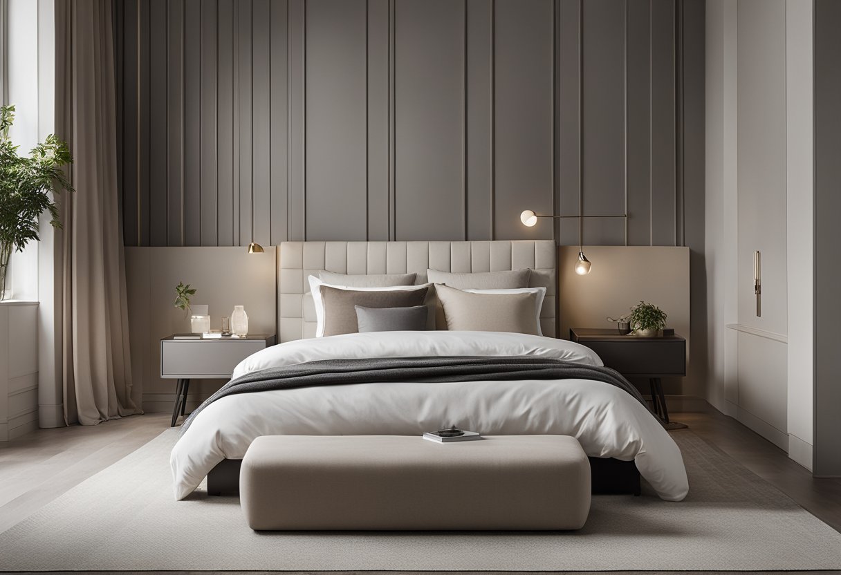 A sleek and minimalistic bedroom with a neutral color palette, clean lines, and modern furniture. A large, comfortable bed is the focal point, with a stylish nightstand and a sleek, contemporary lamp