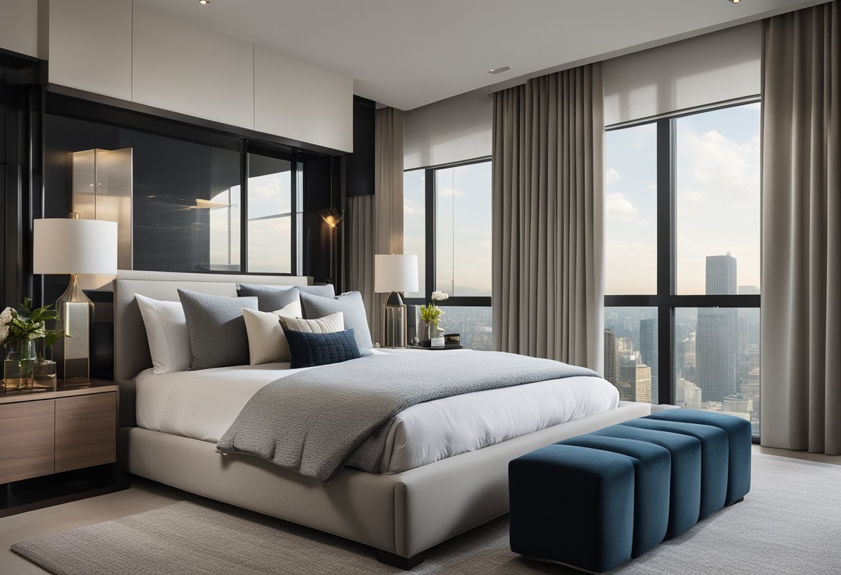 A sleek, modern master bedroom in a high-rise condo with floor-to-ceiling windows, a plush king-sized bed, and a minimalist color palette