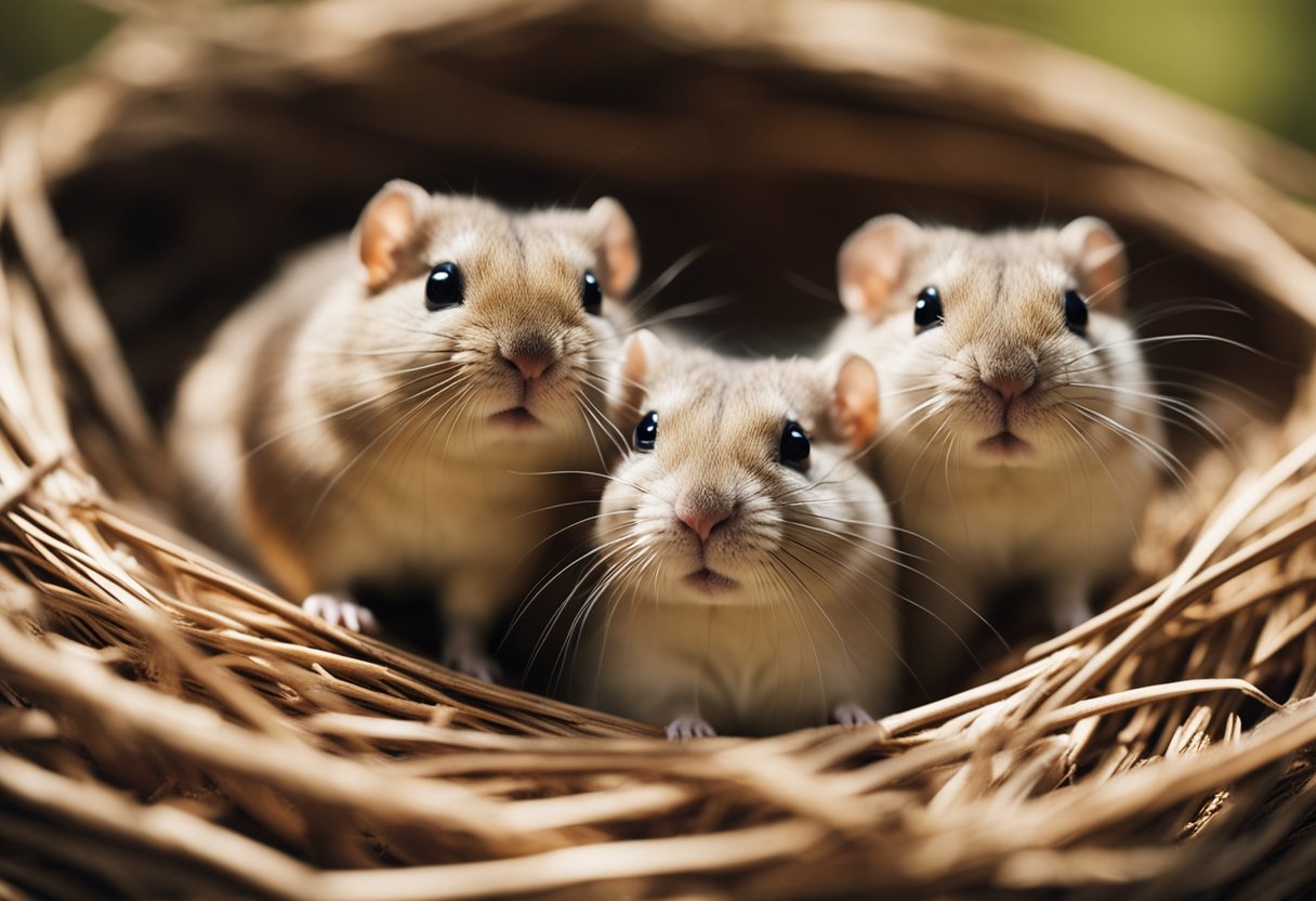 A group of gerbils gathered in a cozy nest, one gerbil with a bright and welcoming expression, surrounded by others showing signs of affection and camaraderie