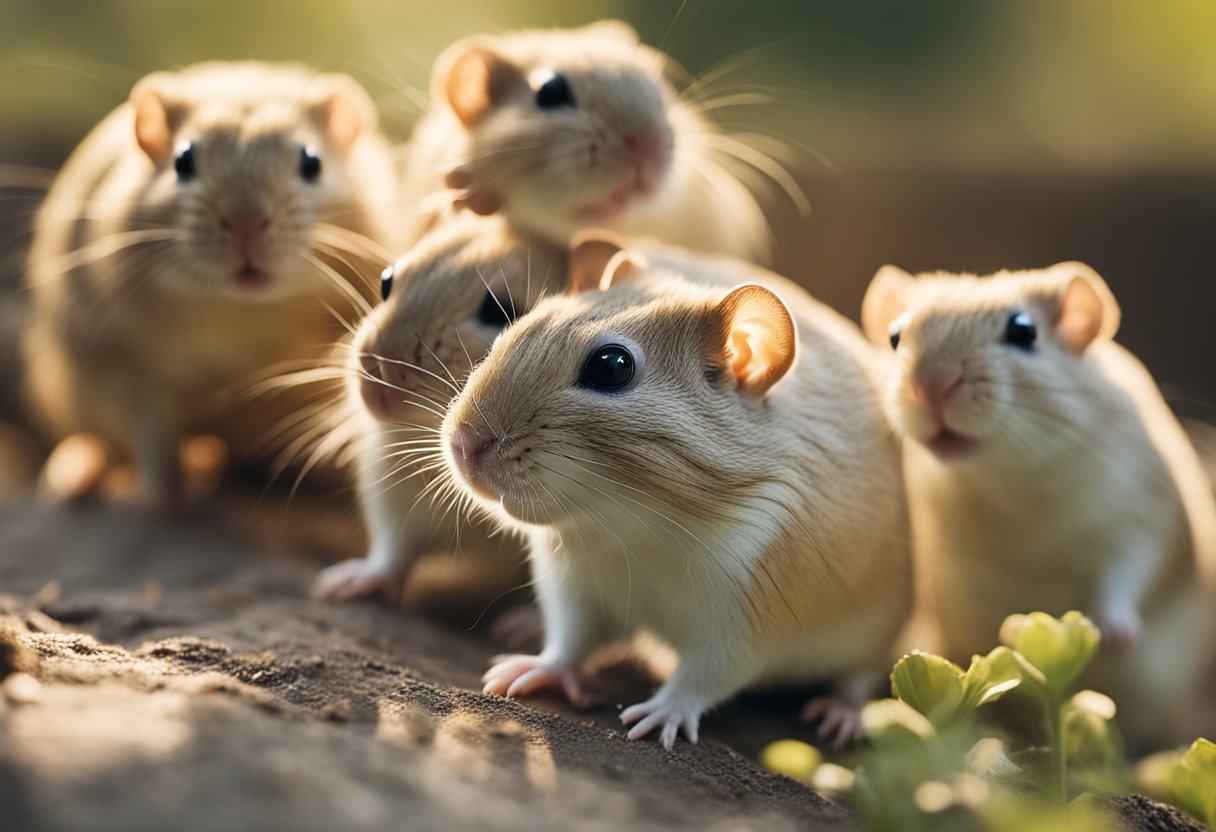 A group of gerbils gather closely, sniffing and grooming each other, displaying signs of affection and friendliness