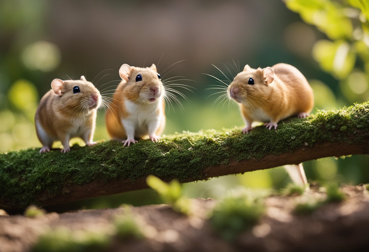 A group of gerbils of different breeds interacting and displaying friendly behavior towards each other