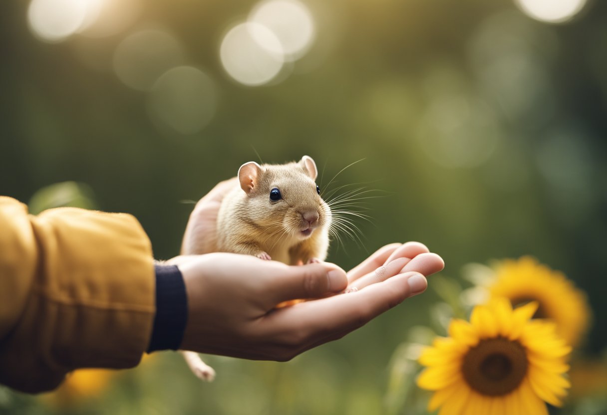 A gerbil with a bright, curious expression, standing on its hind legs and reaching out to sniff a sunflower seed held in someone's hand