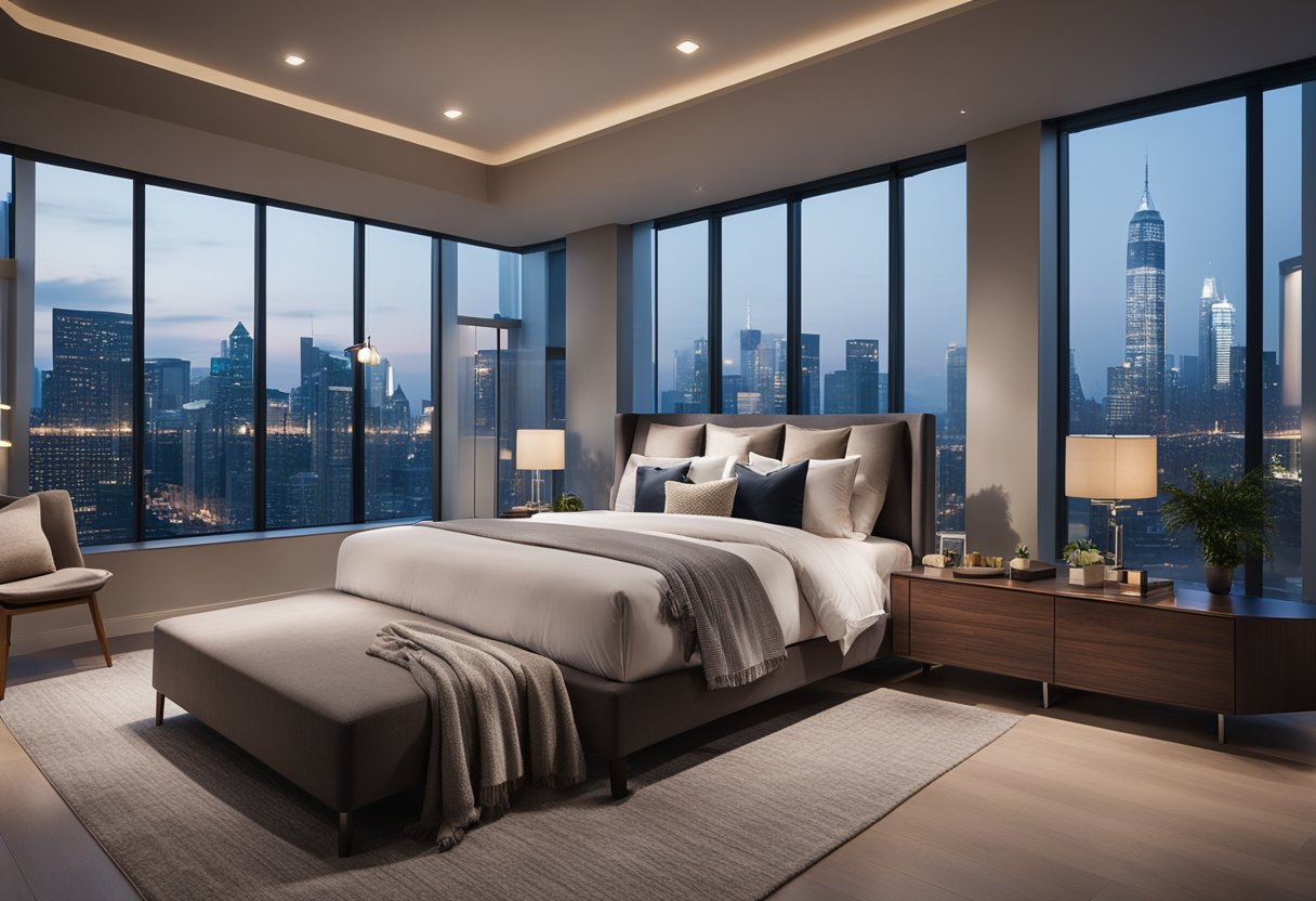 A spacious master bedroom with a cozy bed, modern furniture, and soft lighting. A large window overlooks a city skyline, creating a serene and inviting atmosphere