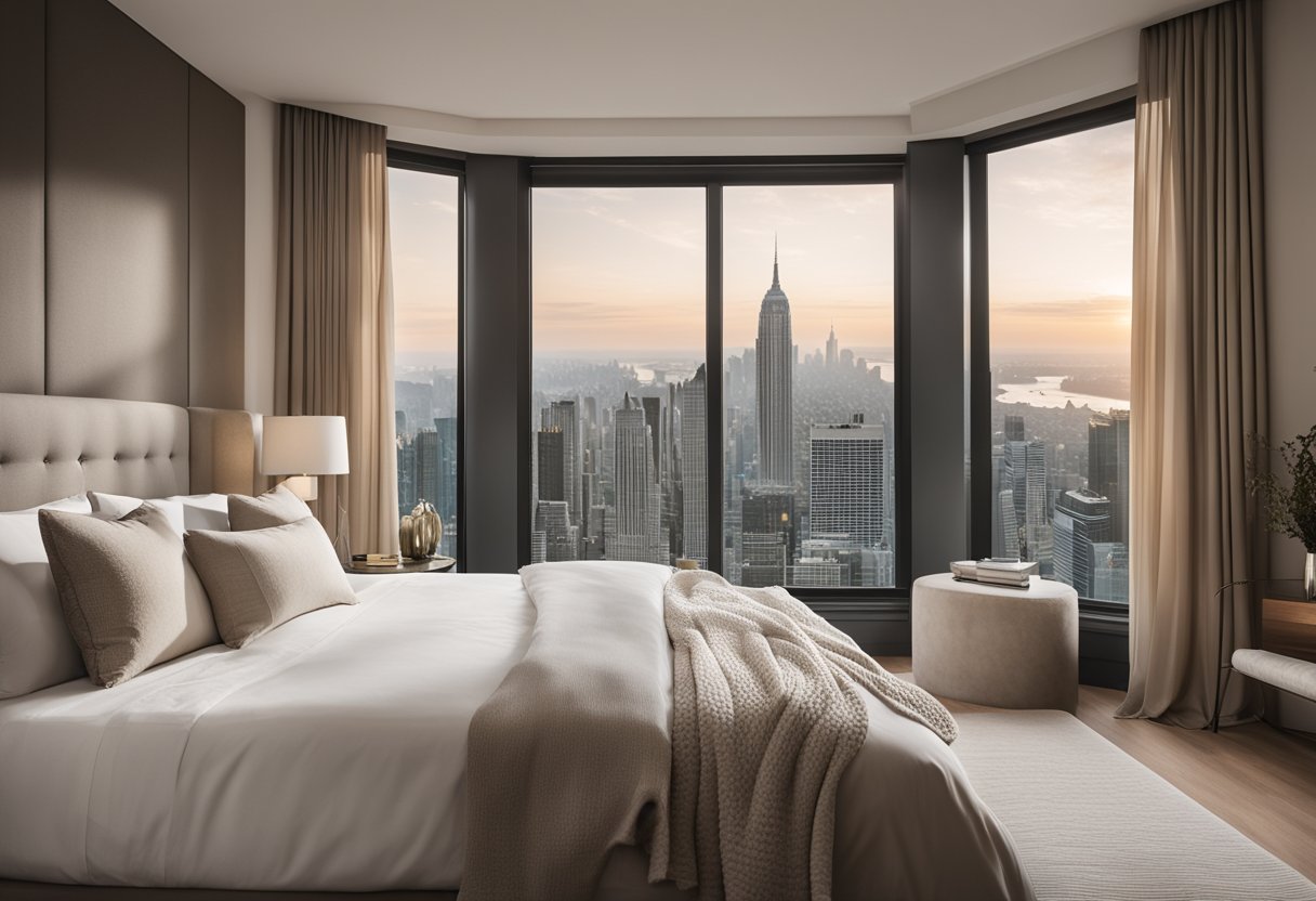 A cozy master bedroom with soft, neutral tones, a plush king-sized bed, and a large window overlooking a serene cityscape