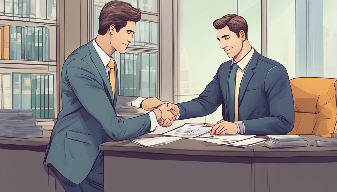 A businessman signing a loan agreement with a bank representative, exchanging documents and shaking hands