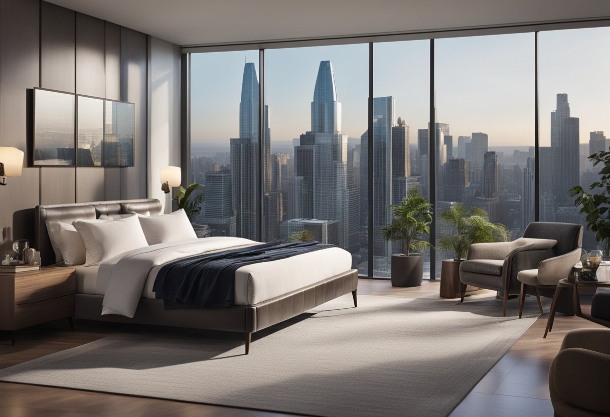 A spacious master bedroom in a modern condo, featuring a cozy king-sized bed, elegant nightstands, a sleek dresser, and a large window with a stunning city view