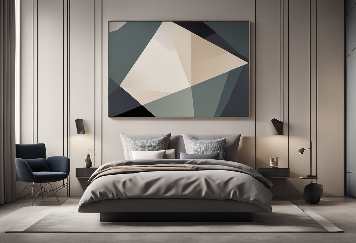 A sleek, minimalist bedroom wall with geometric patterns in muted colors and a large abstract art piece as the focal point