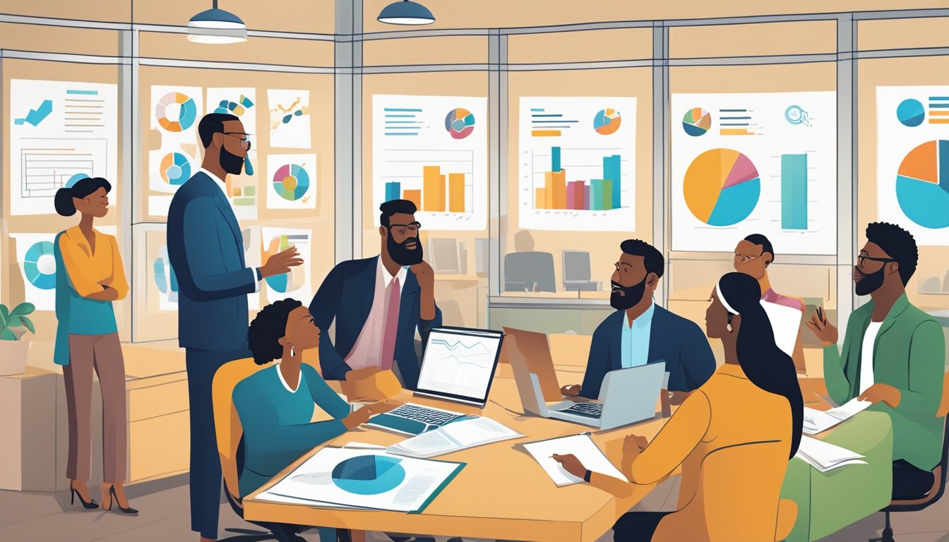 A group of diverse business owners gather around a table, discussing loan eligibility and requirements. Charts and graphs are displayed on the wall, highlighting financial data