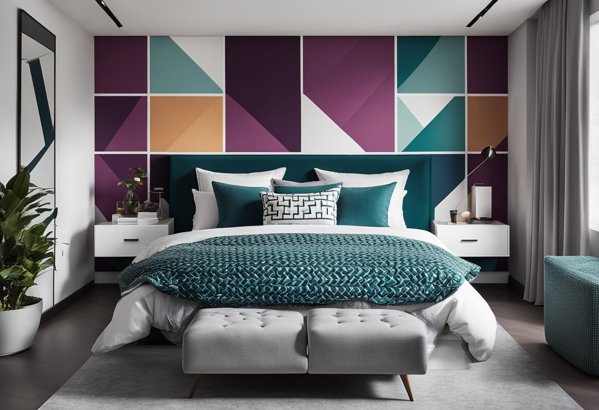 A sleek, minimalist bedroom wall with geometric patterns and a bold color scheme. Clean lines and modern furniture add to the contemporary feel