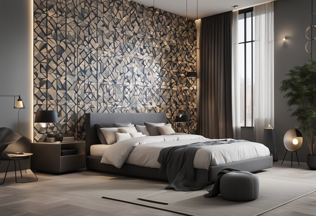 A sleek, minimalist bedroom wall with geometric patterns and integrated shelving for a modern, innovative design