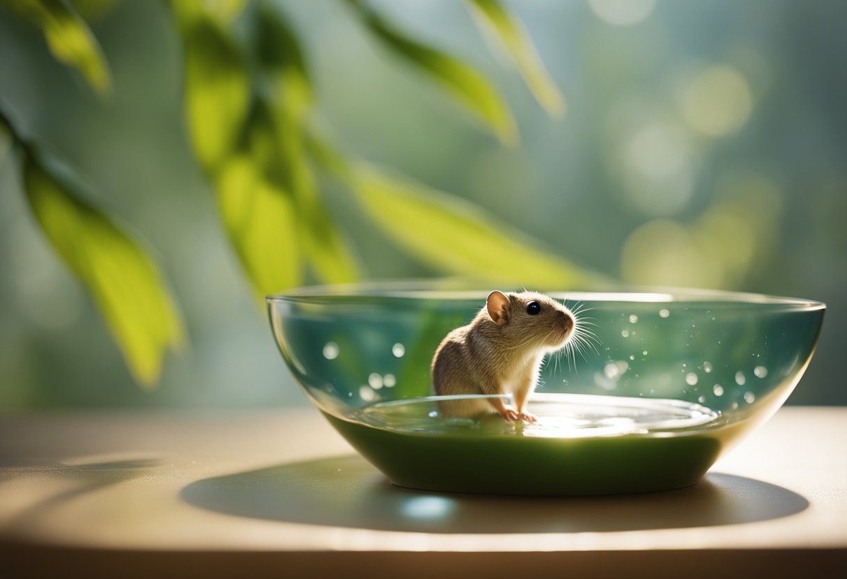 A gerbil approaches a small, shallow bowl filled with water