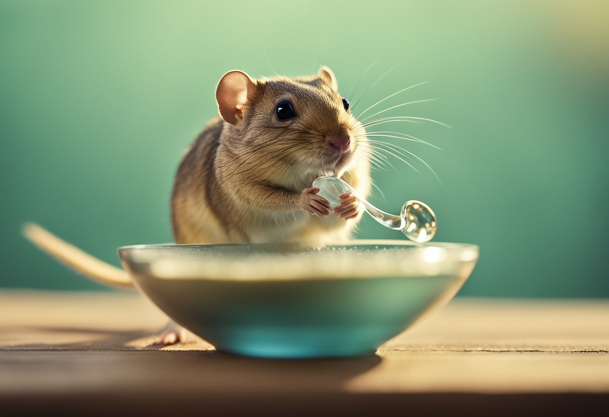 A gerbil drinks from a small, shallow bowl filled with water. The gerbil's head is lowered as it takes small sips from the bowl