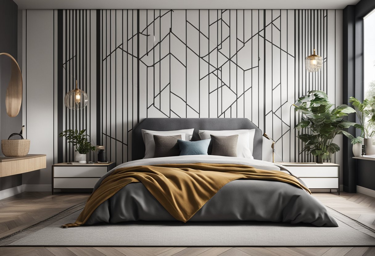A sleek, minimalist bedroom with a geometric wall design featuring bold lines and contrasting colors. The design incorporates clean, modern elements and provides a focal point for the room