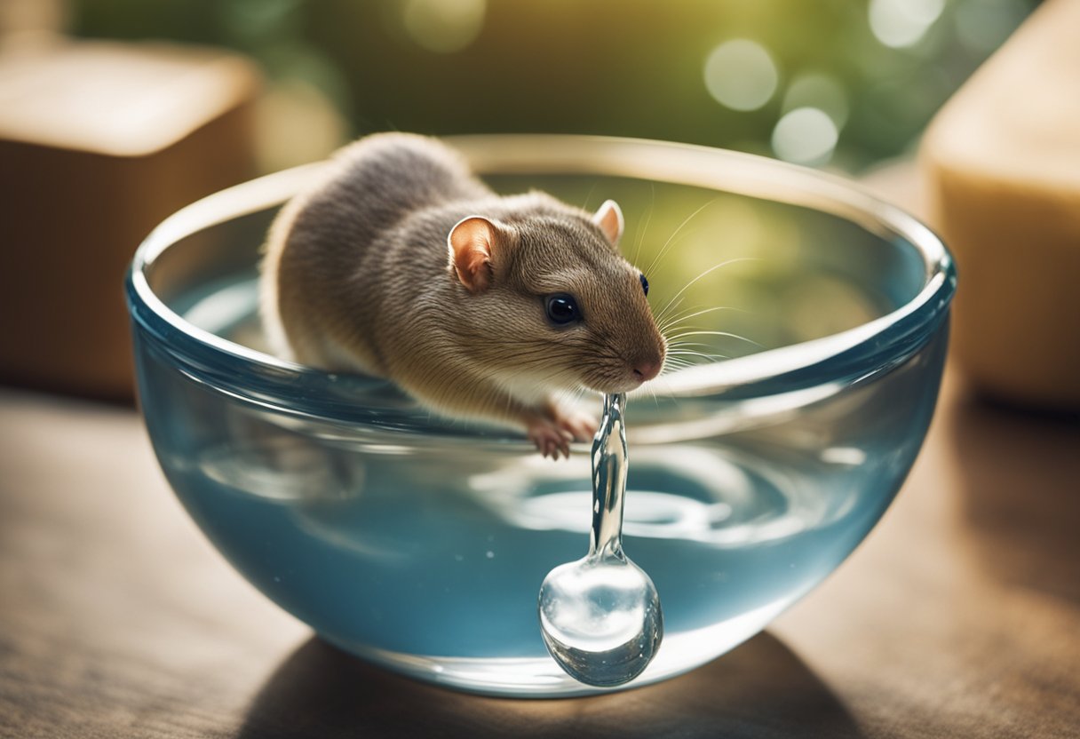 A gerbil drinks from a small, shallow bowl filled with water