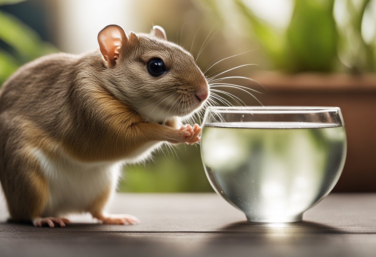 A gerbil approaches a small, shallow bowl filled with water, sniffing cautiously before taking a tentative sip
