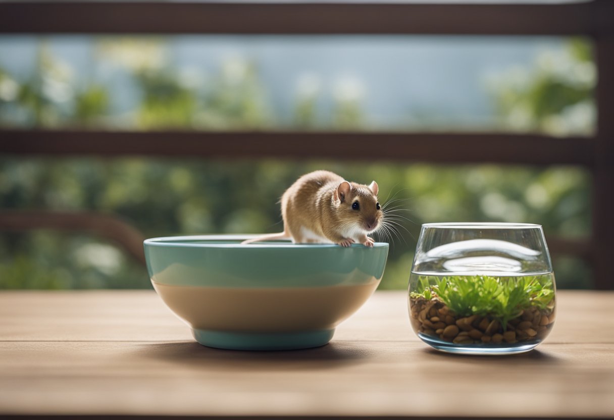 A gerbil stands next to a small bowl filled with water, looking curiously at it. The gerbil's surroundings are clean and well-maintained